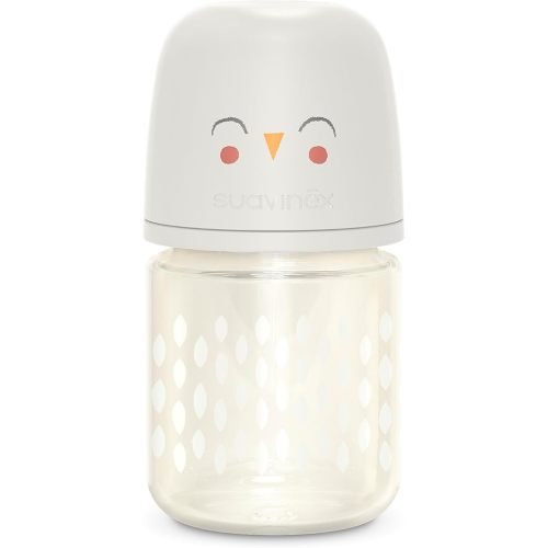 Suavinex Bonhomia Glass Baby Bottle with SX PRO Silicone Nipple, Anti Colic Baby Bottles, Baby Bottles for Breastfed Babies, Slow Flow, 0mo, 4oz, Beige