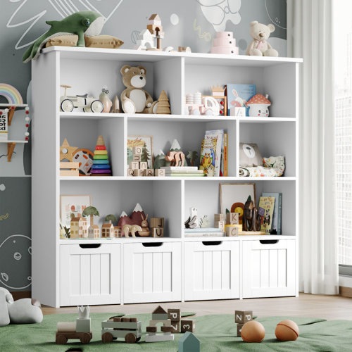 White 49.4"W 7 Cube Bookcase, Standard Bookcase With 4 Removable Drawers