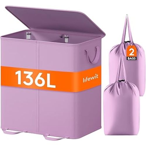 Lifewit Double Laundry Hamper with Lid and Removable Laundry Bags, Large Collapsible 2 Dividers Dirty Clothes Basket with Handles for Bedroom Laundry Room Closet Bathroom College, 136L Purple