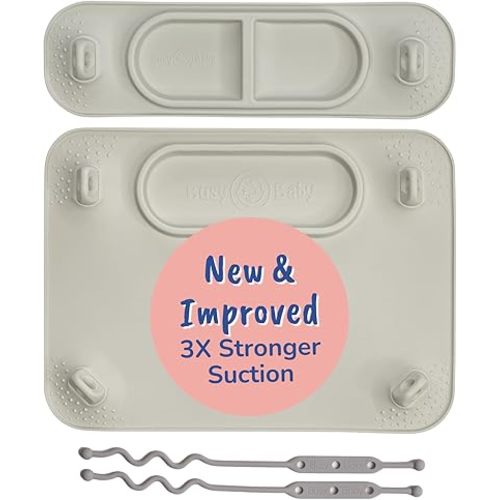 BUSY BABY Silicone Mat Bundle - 1 Original Mat Plus 1 Mini Mat, New Stronger Suction Cups, 6 Straps to Secure Baby Essentials and Keep Them Off The Floor, Baby Led Weaning, Wet Bag Included (Tan)