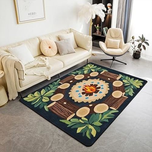 Feelyou Campfire Play Living Room Rugs Tree Stump Area Rug 5x7 Kids Boys Girls Woodland Tree Themed Decorative Carpet Campsite Summer Indoor Floor Mat Green Classroom Rug