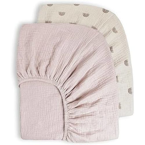 Muslin Fitted Crib Sheets 100% Cotton 2-Pack Boho Rainbow Cream and Nude Peach Standard Baby Bed Size Soft Gauze Nursery Cradle Bedding 28" x 52"