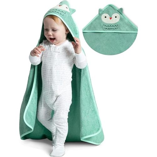 Delta Children Baby/Infant Hooded Bath Towel - Super Soft and Absorbent- Newborn Essential - Ideal Baby Registry/Shower Gift for Boys and Girls, Light Teal Owl