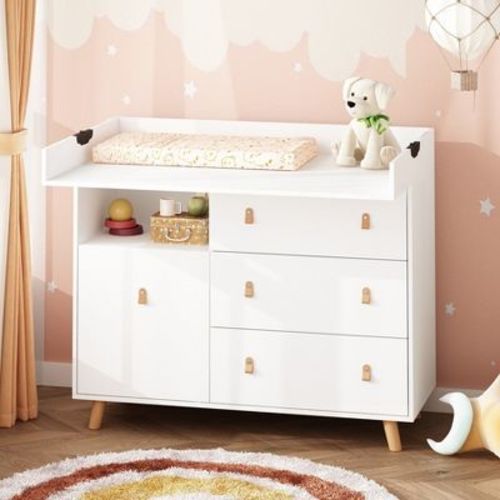 Famapy White Baby Changing Table Storage Cabinet Leather Handle Worktop Foldable Large Space Safe And Sturdy