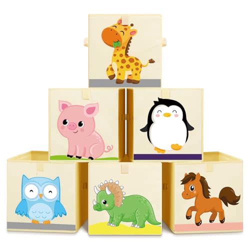 Kigley 6 Pcs Collapsible Cube Storage Bins Kids Foldable Storage Cube Organizer Fabric Toy Box Decorative Kids with Handles for Home Nursery Bedroom, 10.6 x 10.6 Inch(Cute Animal)