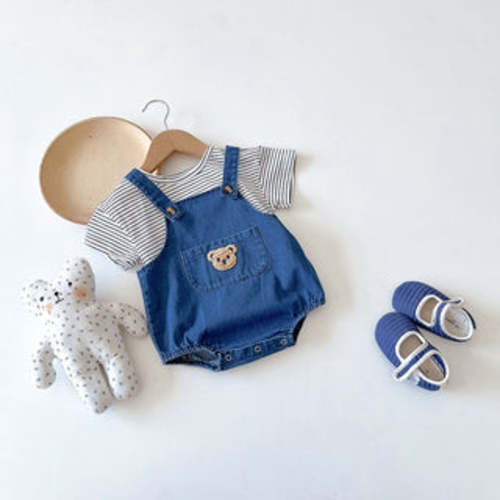 Teddy Bear Denim Jumpsuit with Striped Top Set | RYAN AND REMI