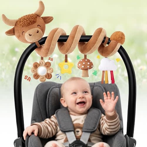 Stuffed Highland Cow Spiral Car Seat Toys for Babies 0-3-6-12 Months, Infant Stroller Toy with Mushroom Pendant & Star Teether Hanging, Cute Baby Registry Search & Shower Gifts for Newborns