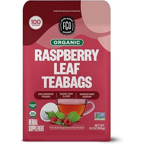 FGO Organic Red Raspberry Leaf Tea Bags, 100 Eco-Conscious Tea Bags, Caffeine Free, Imported from Germany, Reseable Bag, Packaging May Vary (Pack of 1)