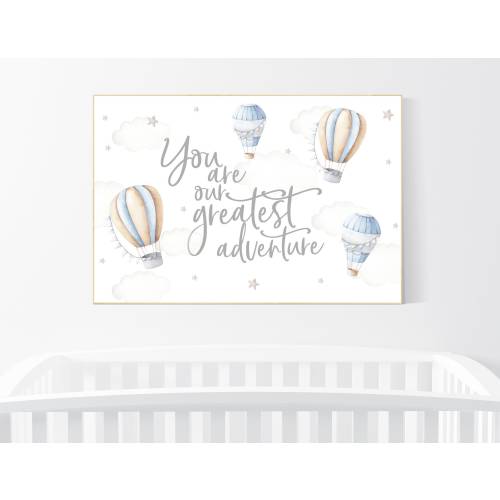 Hot air balloon nursery, Nursery decor neutral, you are our greatest adventure, gender neutral, beige blue, neutral colors, nursery prints