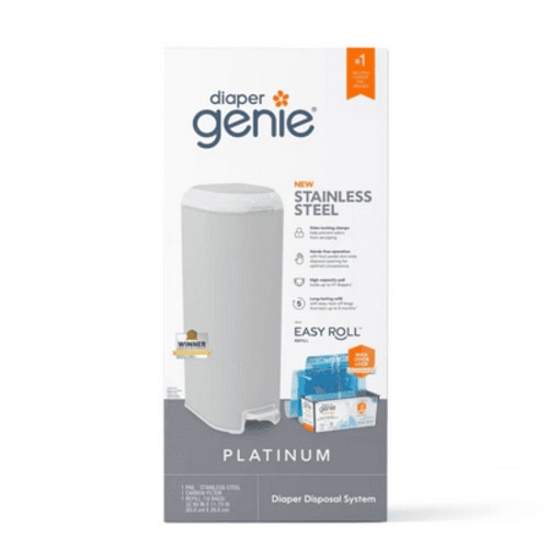 Diaper Genie Platinum Pail,Grey,Stainless Steel, 1 Diaper Pail,1 EasyRoll Refill 18 Bags