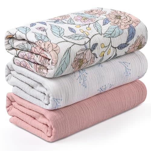 Muslin Swaddle Blankets for Newborn, 3 Pack Breathable Soft Receiving Blanket, Large 38 x 40 inches Swaddle Wrap Burping Clothes, Essentials Infant Shower Items, Toddler Gift (Cute Flower)