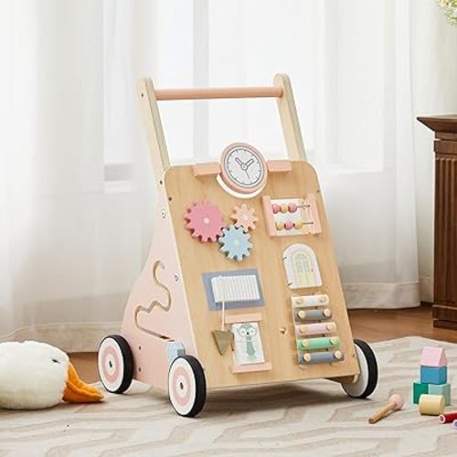 Wooden Baby Walker, Baby Push Walker Adjustable Height and Speed Multiple Learning Activity Walker Baby Walker with Wheels for Girls 6-12 Months, Pink