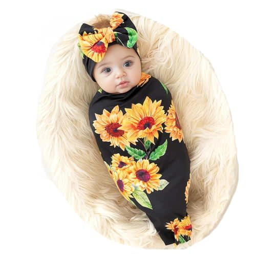 Galabloomer Newborn Sunflower Receiving Blanket Headband Set Baby Flower Rose Swaddle With Big Bow