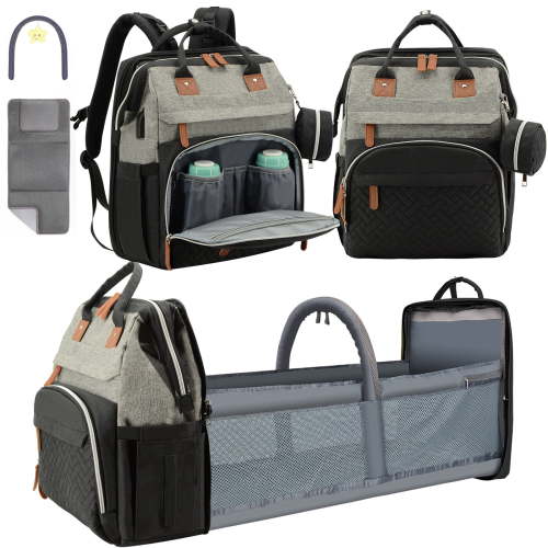Diaper Bag Backpack for Mom and Dad – Large Capacity Baby Bag with Woven Front Pocket & USB Port – Waterproof Travel Backpack for Baby Essentials, Stylish Gray/Black