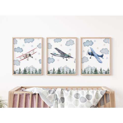 Set of 3 Airplanes Prints, Aviation Wall Art Set, Clouds Posters, Modern Art, Stars Kids Bedroom Decor, Boy Nursery Decor, Playroom Prints