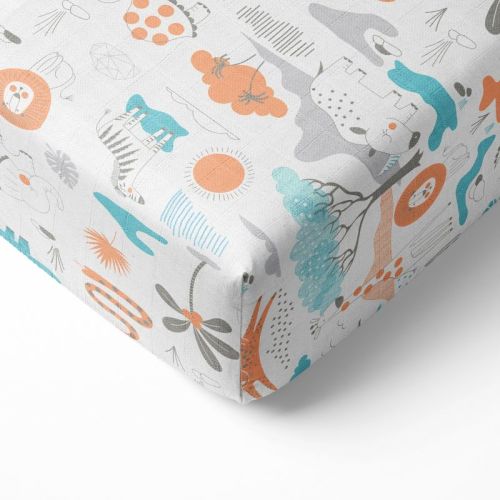 Bacati - Jungle Safari Boys Aqua/Orange 100 percent Cotton Muslin Universal Baby US Standard Crib or Toddler Bed Fitted Sheet