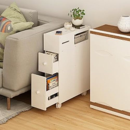 Slim Bathroom Storage Cabinet, Toilet Paper Holder Stand with Wheels Narrow Floor Storage Organizer with Drawers Mobile Small Bathroom Cabinet for Small Spaces