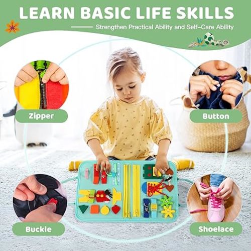 Toddler Busy Board for 1 Year Old, Montessori Toy Busy Book for Toddlers 1-3 with Fishing Game Motor Skills, Educational Learning Toy Car Airplane Activities Kid Travel Essential 2-4 Yr Birthday Gift - Green
