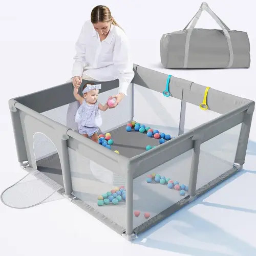 BROLEX Extra Large Baby Playpen: Play Pen for Babies Toddlers - Indoor Outdoor Fence Play Yard Gap-Free Climb-Proof Anti Slip Zipper Gate 50 x 50 Inches Grey