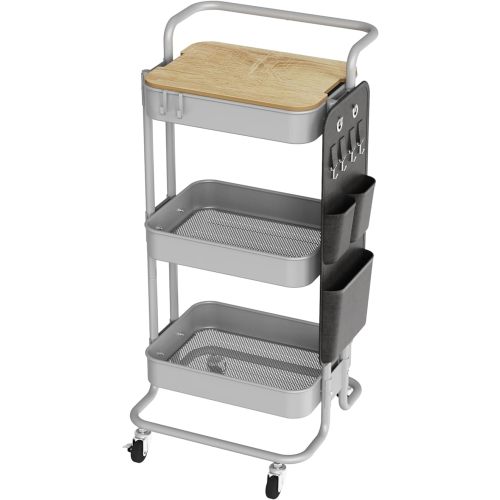 DTK 3 Tier Metal Utility Rolling Cart with Table Top and Side Bags, Tray Storage Organizer Wheels, Art Craft 4 Hooks for Kitchen Bathroom Office Living Room(Grey)