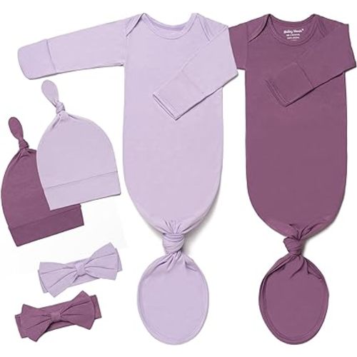 2Pk Newborn Baby Knotted Gown, Ultra-Soft Infant Sleeper with Hat, Bowknot and Pacifier Clip (2 Packs)