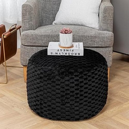 Round Pouf Ottoman Stuffed Plush Fiber Pouf Ottoman Footrest Foot Stool Bean Bag Ottoman Floor Pouf for Bedroom Living Room Accent Seat 20x12inches with Modern Foam Filler Black