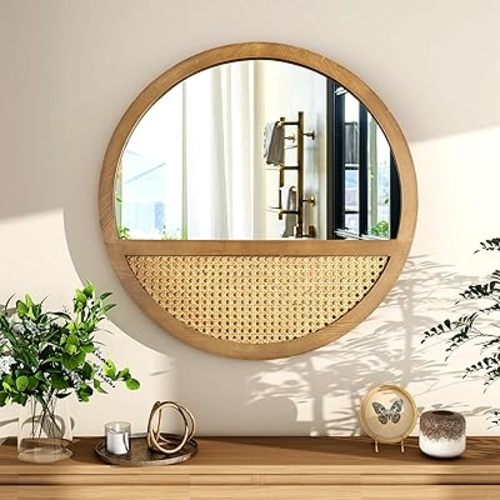Rattan Round Mirror, 24 Inch Wall Mirror for Living Room Decor, Wooden Framed, Vintage Hanging Mirror, Hand-Woven for Wall Art Decoration