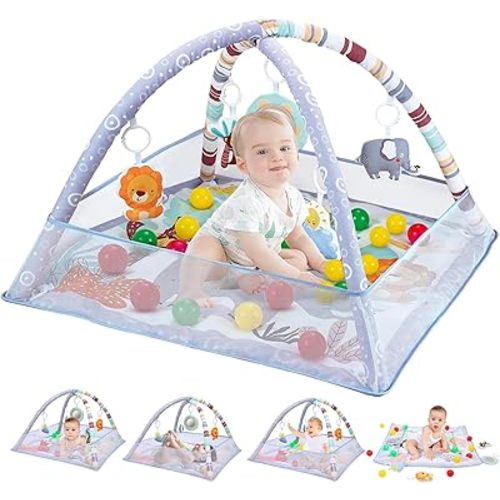 Baby Play Gym, 9-in 1 Tummy Time Mat with 5 Sensory Toys, Detachable Anti-Slip Thickening Baby Play Mat for Newborn Infant Toddler to Develop Motor & Cognition