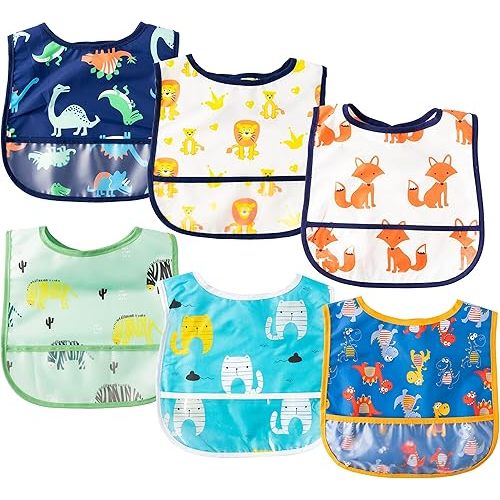 6Pcs Waterproof Toddler Bibs Baby Feeding Bib Set with Crumb Catcher Pocket Infant Adjustable Baby Teething Bib Babies Sleeveless Animals Food Bibs Keepsake Gift for Baby Shower, 6-24 Months