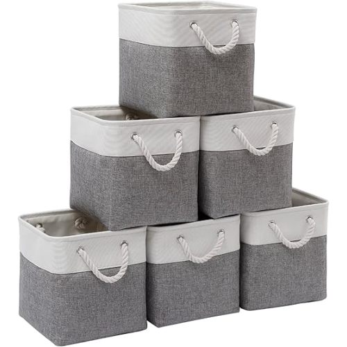 Cube Storage Bins, Collapsible Fabric Cube Storage Bin, 11 Inch Cube Storage Bins with Handles, Foldable Storage Cubes (White/Gray, 6Pack)