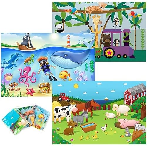 60 Pack Disposable Placemats for Baby, 3 Design Pack Baby Eating Mat, 12" x 18" Sticky Kids Placemats, Baby & Toddler Placemat for Restaurants, Plastic Kids Placemats for Dining Table