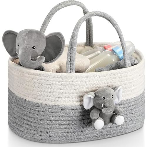 Elephant Diaper Caddy Organizer Cart Storage for Nursery with Handle Baby Shower Basket Gift Baby Bath Caddy for Diapers Wipes Elephant Basket for Nursery(Large)