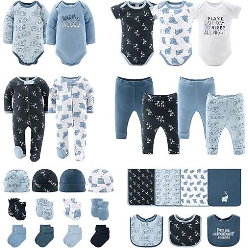 The Peanutshell Baby Layette Gift Set for Boys - 30 Piece New Born Boy Gift Set, Baby Clothes & Newborn Essentials Must Haves - Newborn Baby Clothes 0-3 Months - Elephant Blue