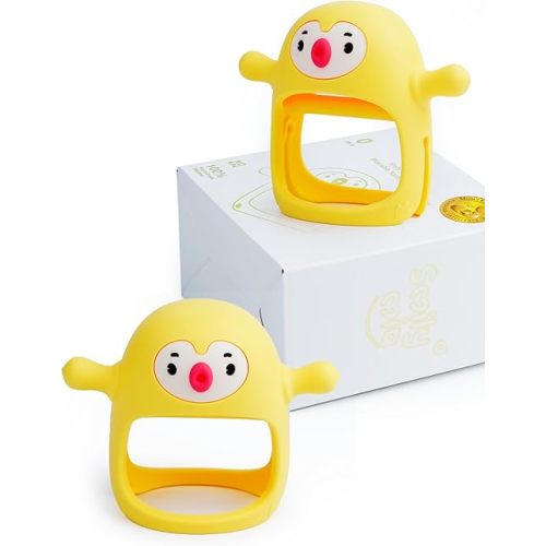 Smily Mia 2pk Penguin Teethers, TeethingToys for Babies 0-6Months, Baby Teethers for 3-6Months, Teething Mittens for Infants, Pacifiers for Breastfed Babies, Light Yellow