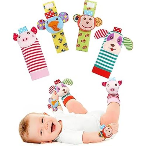 SSK Soft Baby Wrist Rattle Foot Finder Socks Set,Cotton and Plush Stuffed Infant Toys,Birthday Holiday Birth Present for Newborn Boy Girl 0/3/4/6/7/8/9/12/18 Months Kids Toddler,4 Cute Animals