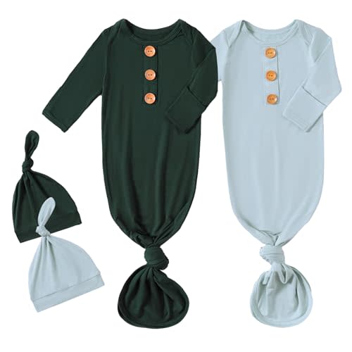 OPAWO Knotted Gown Baby Newborn Sleepers Baby Boy Coming Home Outfit, Bamboo Viscose Baby Gowns with Mitten Cuffs and Hat Set