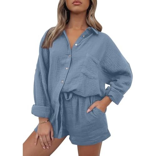 AUTOMET 2 Piece Sets For Women Lounge Wear Matching Two Piece Pajama Fashion Oversized Shirts And Shorts Spring Outfit 2025