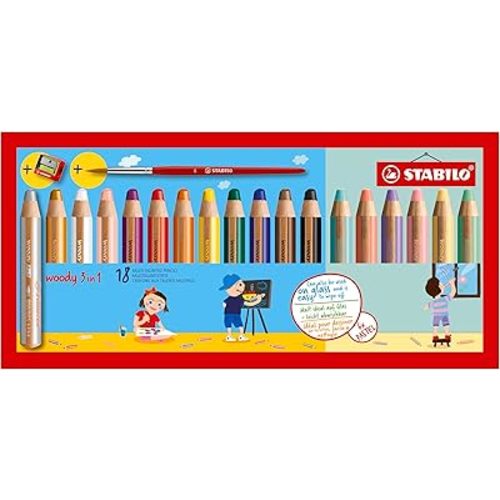 STABILO Multi-Talented Pencil woody 3 in 1 - Pack of 18 - Assorted Standard and Pastel Colors with Sharpener and Paint Brush
