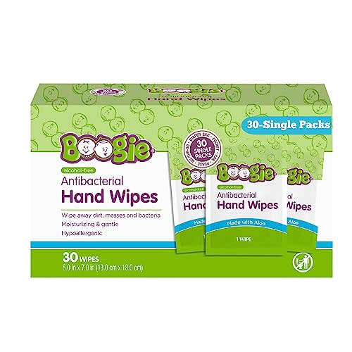 Boogie Hand Santizer Wipes Wipes, Single Packs, Alcohol-free, Hypoallergenic and Moisturizing Aloe, Hand Wipes for Adults and Kids, 30 Wipes (Pack of 1)…