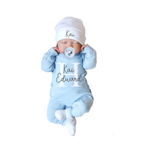 Custom Personalized Newborn Baby Coming Home Outfit with Monogrammed Sleeper, Custom Embroidered Romper and Hat Set for Baby Girl and Boy - Perfect Baby Shower Gift (Style 1)