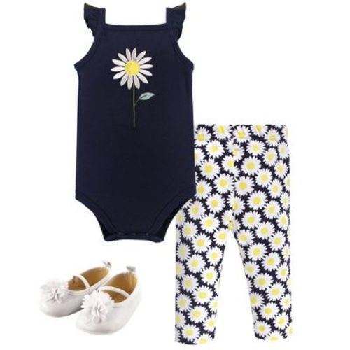 Hudson Baby Infant Girl Cotton Bodysuit, Pant And Shoe 3pc Set, Daisy, 3-6 Months