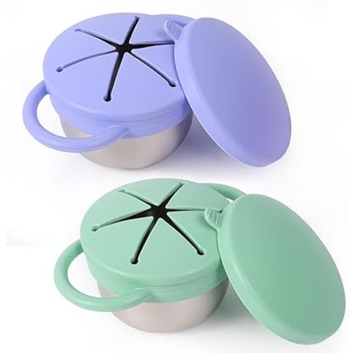 2 Pack Stainless Steel Spill Proof Snack Cup for Baby Toddlers Kids, with Silicone Food Catcher, Travel Lid, Spill-Proof Containers, Toddlers Essentials, Non Toxic BPA Free