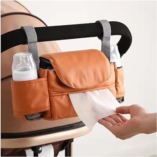 Stroller Organizer with Cup Holder & Phone Bag, Spacious Storage, Durable Tech Fabric, Adjustable Straps, Fits All Baby Strollers(Brown)