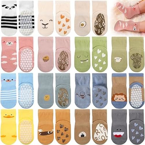 15 Pairs Toddler Non Slip Socks with Grips Baby Anti Skid Crew Socks Boy Girl Cotton Toddler Floor Socks, 0-1 Year Old