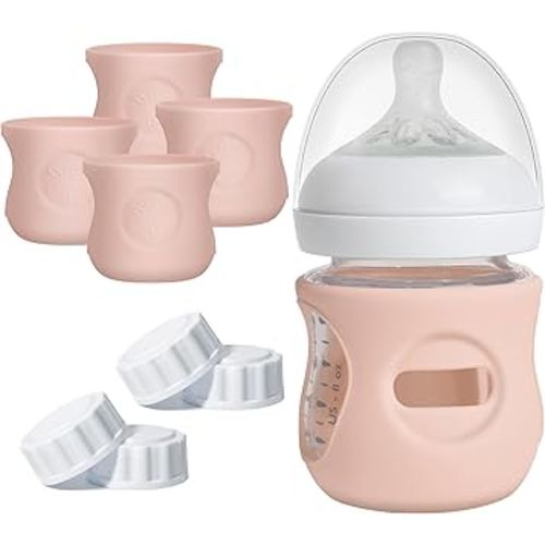 4 Pack Silicone Sleeves for Philips Avent Natural Bottle, Food Grade Silicone Cover and 4pcs Travel Caps, Lids Replacement (4Pink, 4oz)