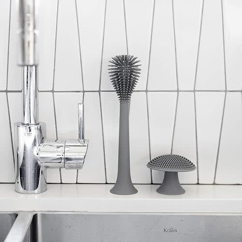 ezpz Kitchen Duo Set (Gray) - 100% Silicone Reusable Durable Long-Lasting Bottle Brush + Mushroom Sponge with Suction Base for Cleaning Dishes, Cookware and Feeding Accessories