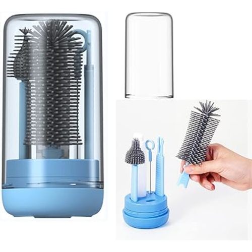 Travel Baby Bottle Brush Set with Liquid Silicone Bottle Brush,Nipple Brush,Straw Cleaner Brush,Baby Bottle Soap Dispenser for Baby Bottle Cleaning, Gift for Newborn Mothers, Cobalt Blue