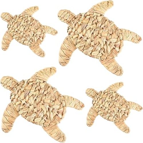 4 Pcs Boho Beach Christmas Decor Handmade Coastal Wicker Sea Turtle Wall Decor Sea Life Hanging Wall Art Nautical Sculpture Table Decoration for Bathroom Indoor Outdoor Ornament Gift