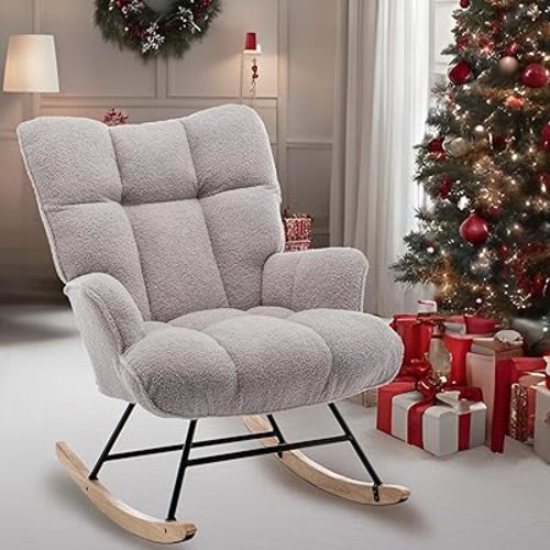 Rocking Chair Nursery Teddy, Upholstered Baby Fluffy Glider Rocker for Adults Small Spaces Indoor, Comfy Sherpa Compact Nursing Chairs for Living Room, Bedroom, Classroom, Grey