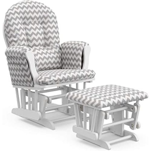 Storkcraft Premium Hoop Glider and Ottoman (White Base, Gray Chevron Cushion) – Padded Cushions with Storage Pocket, Smooth Rocking Motion, Easy to Assemble, Solid Hardwood Base